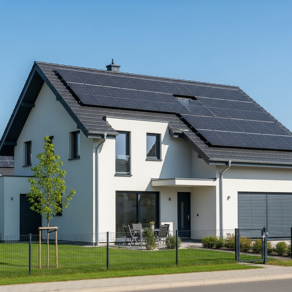Maison moderne avec panneaux solaires sur le toit